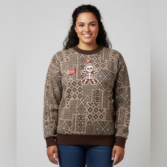 Vintage Unisex Christmas Skeleton Cookie Lover Brown, Tan, White Sweater Size L - Picture 9 of 11